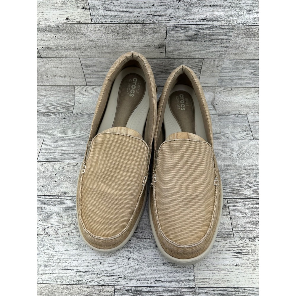 Crocs Triple Comfort Canvas Loafers Tan Slip On Shoes Women Sz 11 Moc Toe Casual